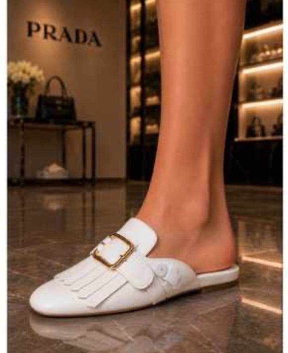 Prada White Leather Fringe Buckle Mules Flats IT 39 US 9 Gold Hardware